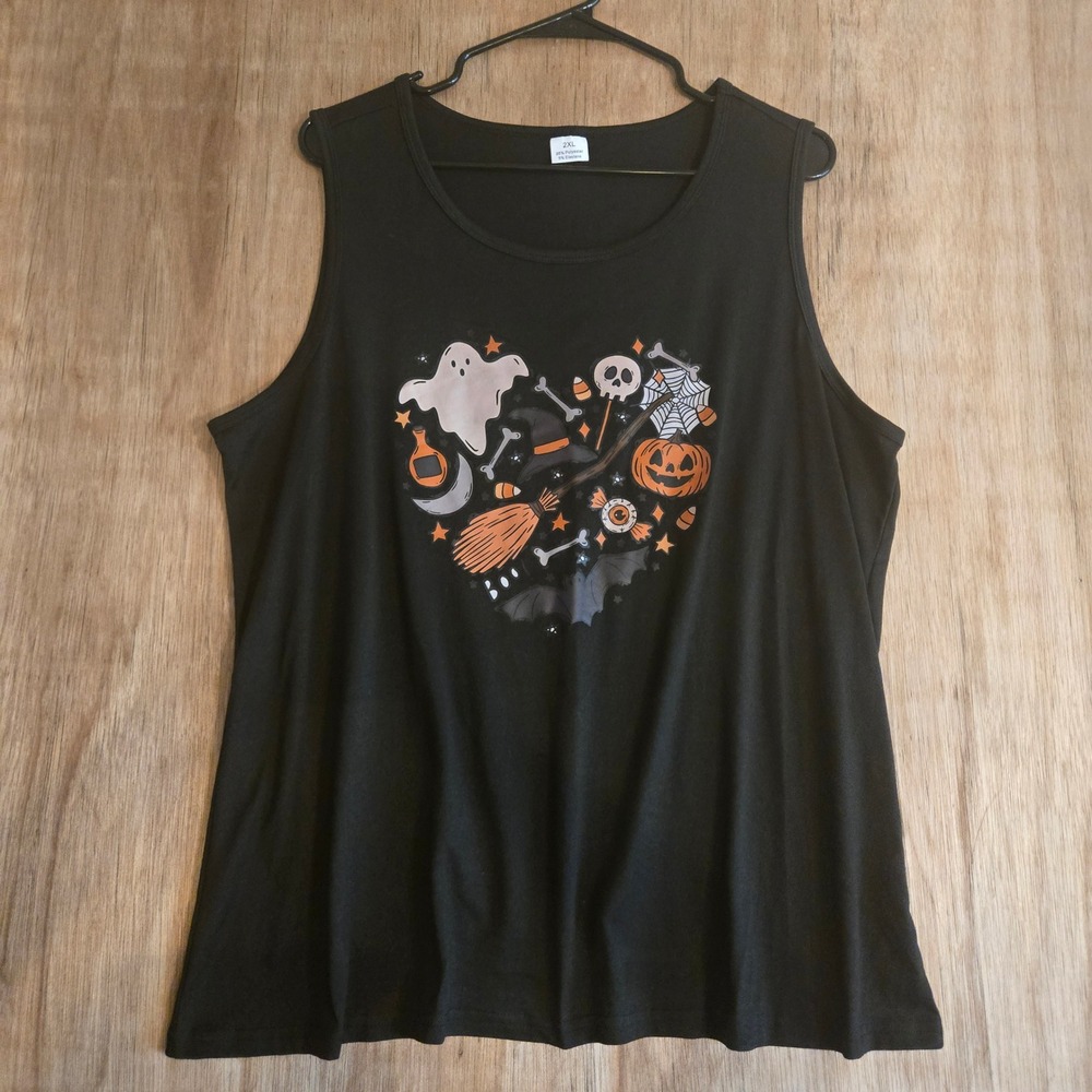 Halloween Heart Graphic Tank Top Black Spooky Ghost Pumpkin Skull Bat Witch 2XL